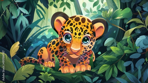adorable baby jaguar cub playing in lush home jungle environment cute animal illustration