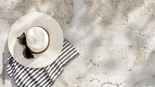 White sunhat and sunglasses resting on a striped towel on a sandy beach. Flat lay composition with copy space. Summer vacation and beach day concept for design and print
