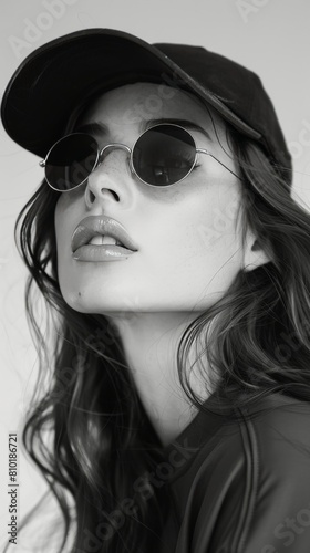 Woman Wearing Baseball Cap and Sunglasses