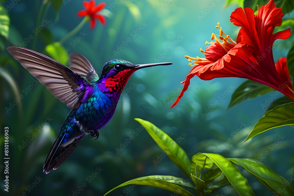 Blue hummingbird Violet Sabrewing flying next to beautiful red flower.