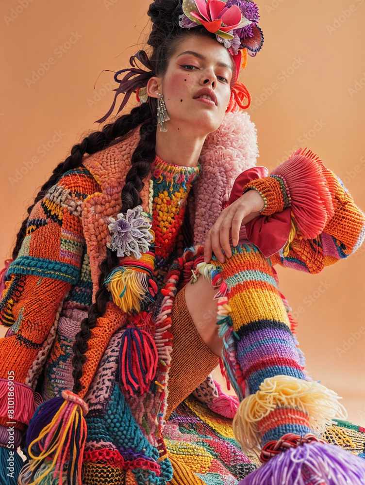 Young stylish woman model posing for edgy and modern fashion editorial. Conceptual photo in vivid colors. Haute couture contemporary trends