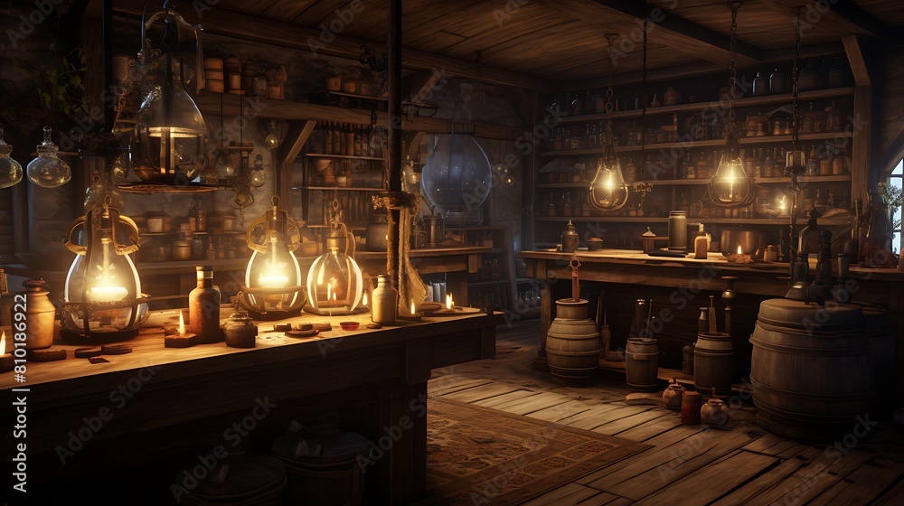 Form a medieval alchemist's living room with mystical potions and arcane, alchemical detailing