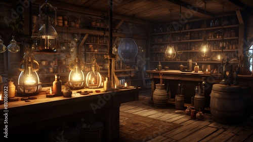Form a medieval alchemist's living room with mystical potions and arcane, alchemical detailing