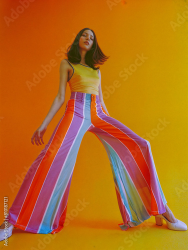 Young stylish woman model posing for edgy and modern fashion editorial. Conceptual photo in vivid colors. Haute couture contemporary trends