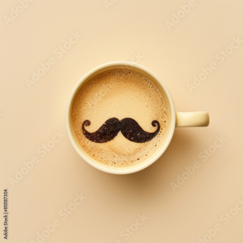 Cup of coffee with mustache pattern on beige background