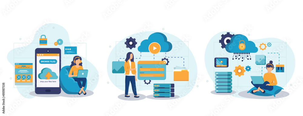 Cloud computing isolated set in flat design. People upload files, storage and processing data collection of scenes. Vector illustration for blogging, website, mobile app, promotional materials. Cloud computing isolated set in flat design. People upload files, storage and processing data collection of scenes. Vector illustration for blogging, website, mobile app, promotional materials.