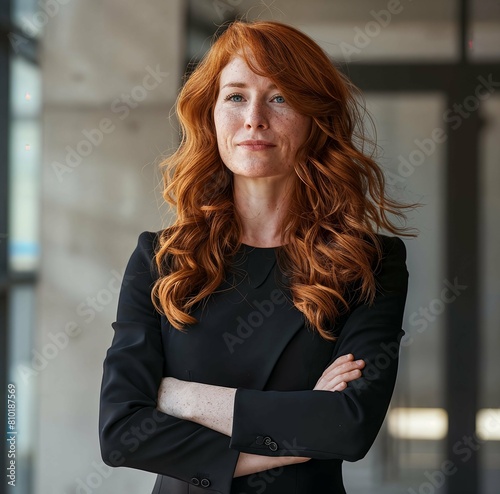 Portrait of lawyer in black dress and confident look. Pretty redhead woman. Smile and gorgeous wavy red hair.
