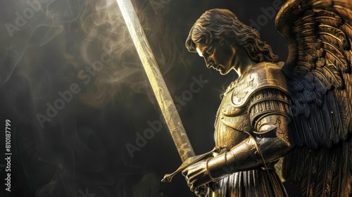 archangel michael statue with sword on black background dramatic religious digital illustration photo