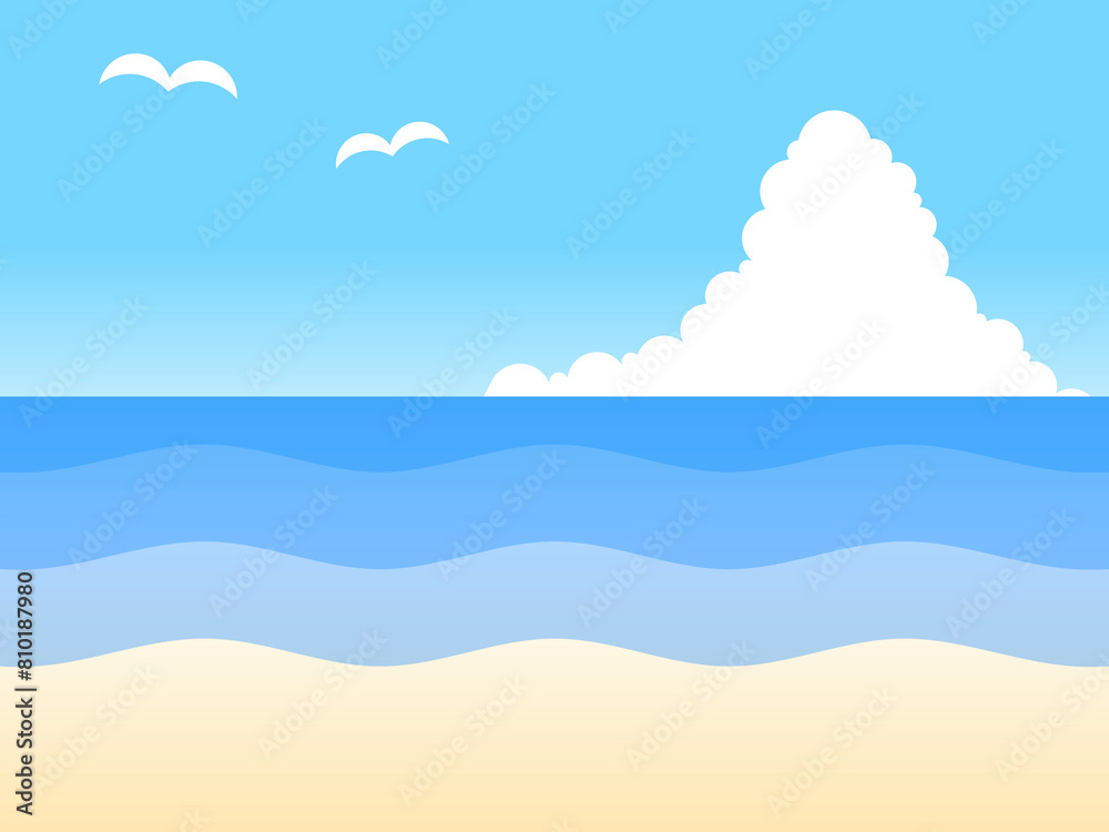 グラデーション空と海とカモメと入道雲背景B：青