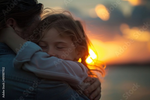 Tender embrace between parent and child at sunset