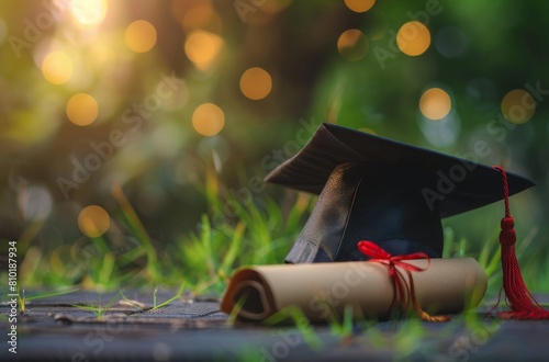 Graduation Cap and Diploma on Grass
