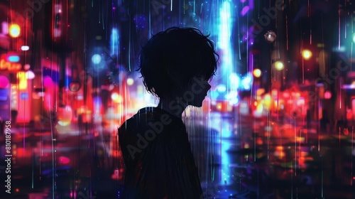 artistic portrait of an anime boy at night with reflections and colorful illustration background digital art