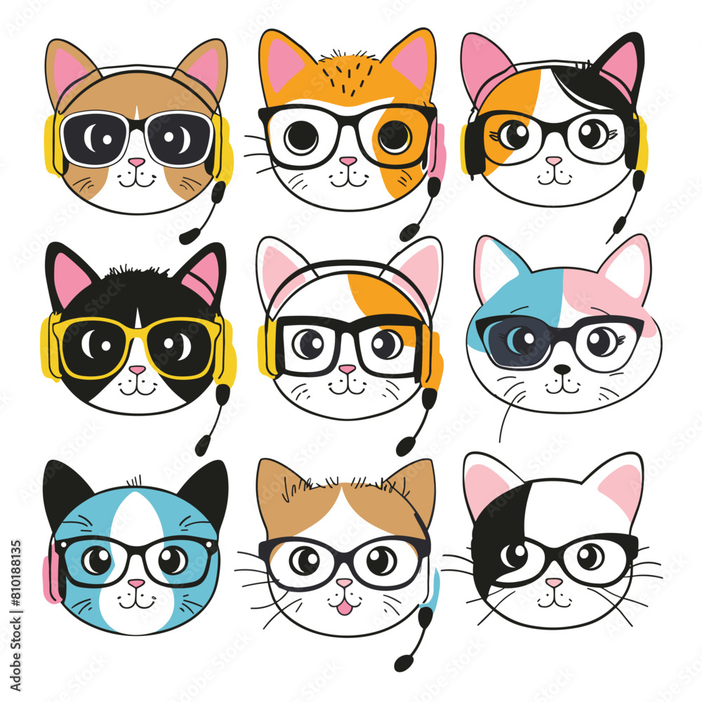 Nine cute cartoon cats wearing colorful headsets, cartoon cat displays unique colors patterns. Cats illustrating customer service, call center, tech support concept Nine cute cartoon cats wearing colorful headsets, cartoon cat displays unique colors patterns. Cats illustrating customer service, call center, tech support concept