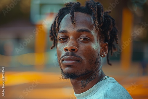 The image captures a man with dreadlocks and visible tattoos striking a cool, calm pose in an urban setting