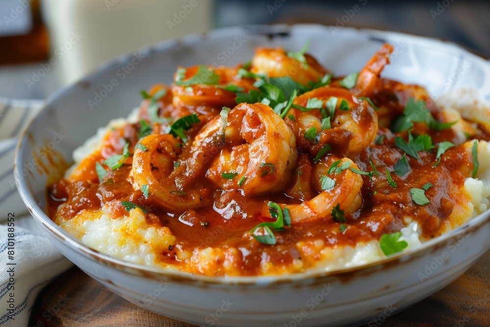 Bowl of Shrimp and Grits With Glass of Milk Bowl of Shrimp and Grits With Glass of Milk