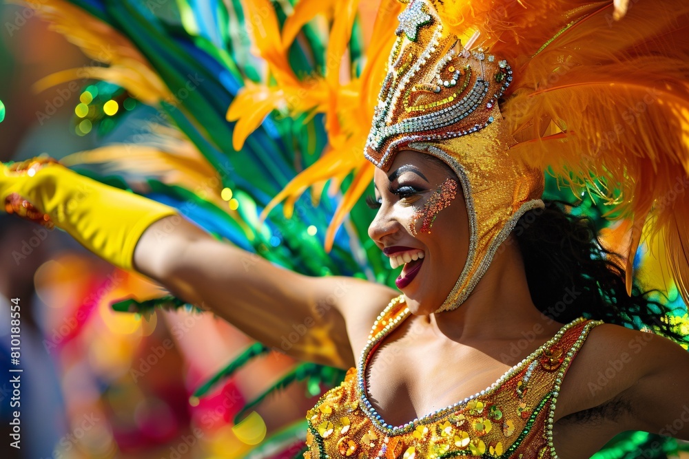 An up-close view of a dancer at the Rio Carnival, bedecked in colorful feathers and sparkling sequins, moving gracefully An up-close view of a dancer at the Rio Carnival, bedecked in colorful feathers and sparkling sequins, moving gracefully
