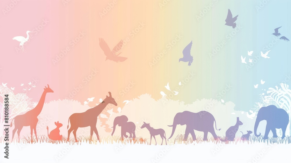 A colorful drawing of animals flying in the sky