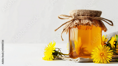 Jar with dandelion honey on white background
