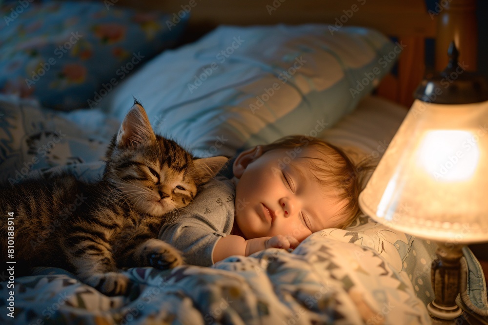 An intimate shot capturing the sweet slumber of a sleeping infant snuggled with a dozing kitten, bathed in the gentle glow of a bedside lamp, radiating warmth and happiness An intimate shot capturing the sweet slumber of a sleeping infant snuggled with a dozing kitten, bathed in the gentle glow of a bedside lamp, radiating warmth and happiness