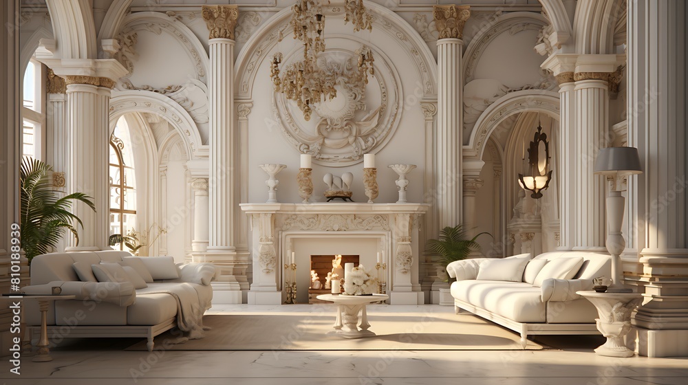 Form an ancient Roman-inspired living room with marble accents and classical architecture