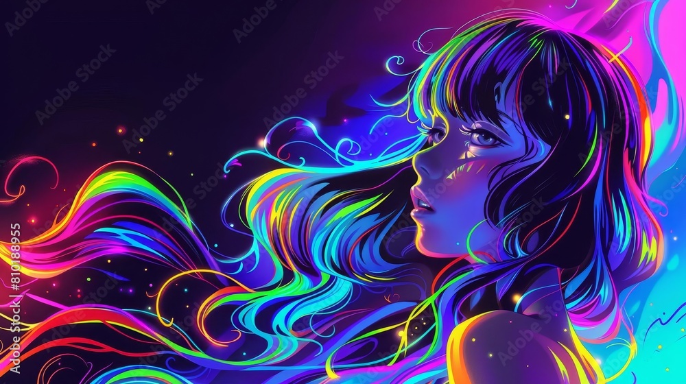 beautiful anime girl with flowing hair in neon rainbow colors vibrant 2d background illustration beautiful anime girl with flowing hair in neon rainbow colors vibrant 2d background illustration