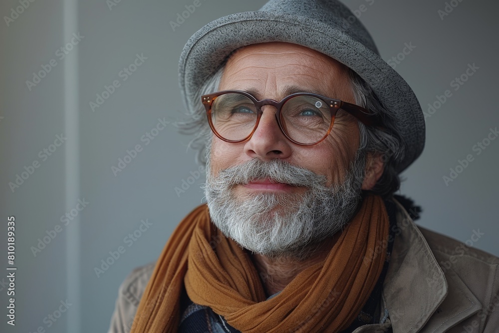 An elderly man gazes away with a thoughtful look, wearing a fashionable hat, scarf, and eyeglasses An elderly man gazes away with a thoughtful look, wearing a fashionable hat, scarf, and eyeglasses