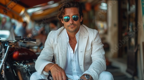 Man in White Suit and Sunglasses Sitting on Motorcycle