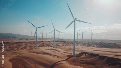 Desert Symphony  Wind Turbines Spin in Harmony Across a Majestic Dune Landscape  Panoramic View 