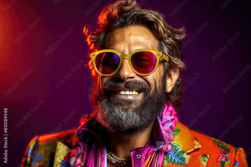 A man with a beard wearing sunglasses and a vibrant shirt. A man with a beard wearing sunglasses and a vibrant shirt.
