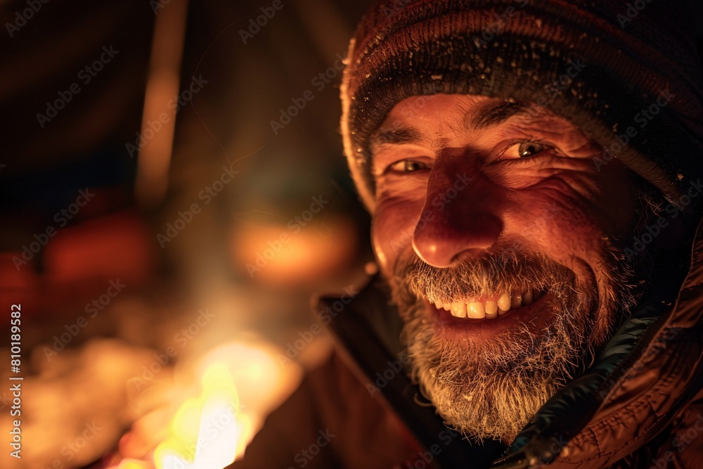An intimate portrait capturing the genuine smile of a man, his face softly illuminated by the glow of a campfire, exuding warmth and camaraderie An intimate portrait capturing the genuine smile of a man, his face softly illuminated by the glow of a campfire, exuding warmth and camaraderie