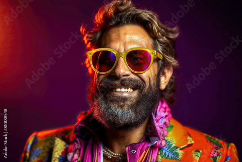 A man with a beard wearing sunglasses and a vibrant shirt.