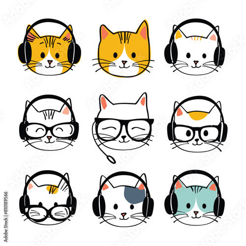 Collection cute cat faces wearing headphones glasses. Cartoon feline heads various expressions, music tech accessories. Simplistic design, adorable kitty characters, isolated white background
