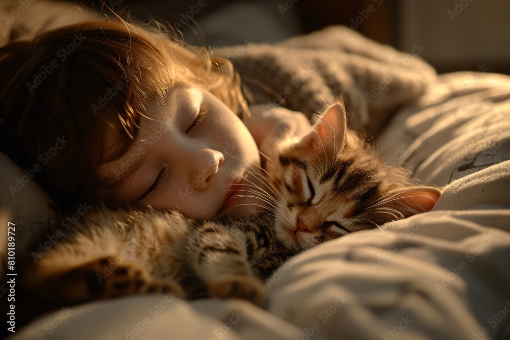 An intimate close-up image of a peacefully sleeping child snuggled up with a dozing kitten, illuminated by the soft light of a bedside lamp, radiating warmth and contentment An intimate close-up image of a peacefully sleeping child snuggled up with a dozing kitten, illuminated by the soft light of a bedside lamp, radiating warmth and contentment