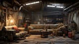 Form an apocalyptic wasteland living room with rugged materials and salvaged, post-apocalyptic design