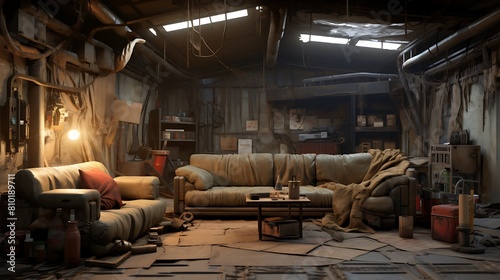 Form an apocalyptic wasteland living room with rugged materials and salvaged  post-apocalyptic design