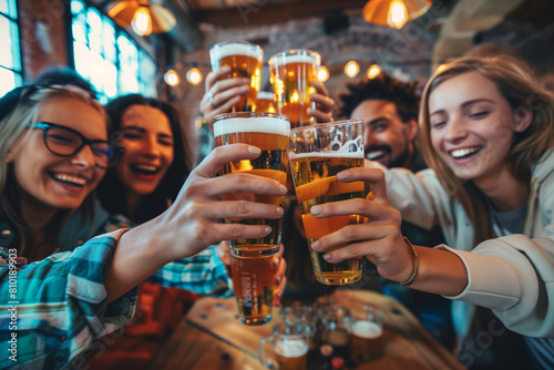 A cheerful and diverse group of friends of different nationalities gather at the bar, happily celebrating in the restaurant with beer. It is an image of youth culture and pleasure in life. photo