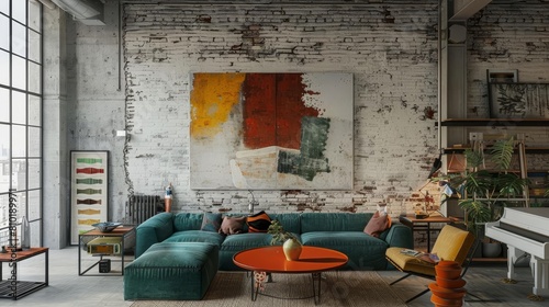 Contemporary industrial minimalist living room with whitewashed brick walls, a teal sofa, and an orange coffee table Large abstract art adds creativity photo