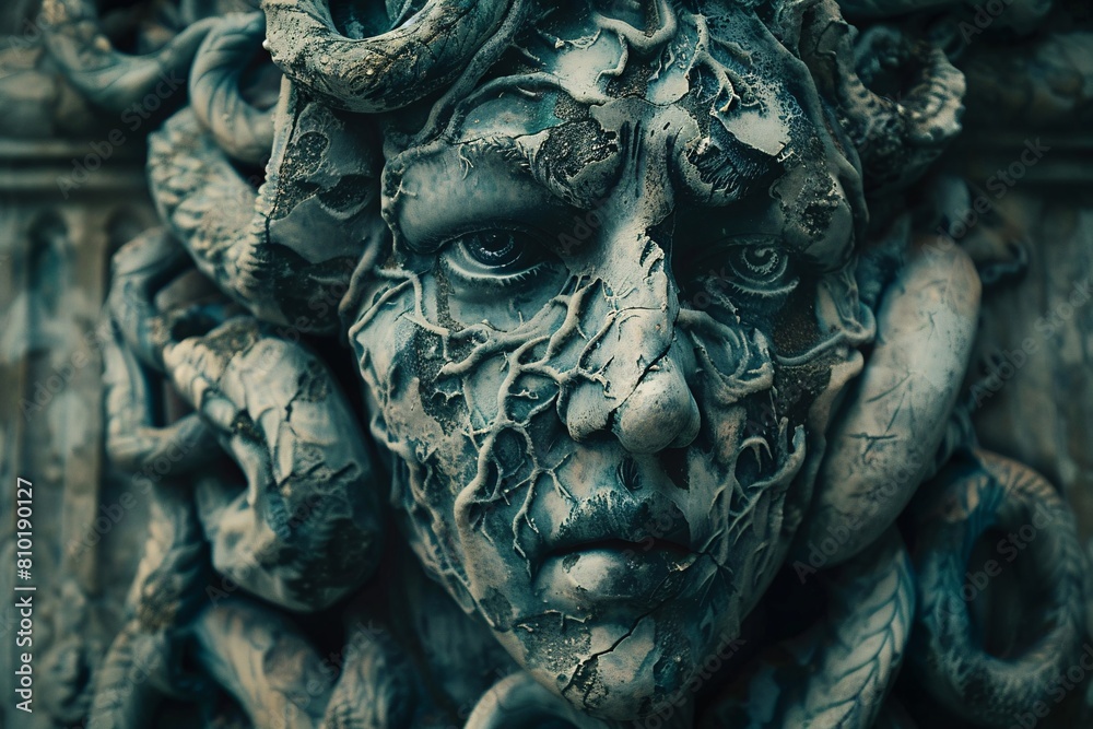 Fototapeta premium An eerie depiction of Medusa's lethal stare, freezing her victim in mid-motion as they turn to stone under her spell