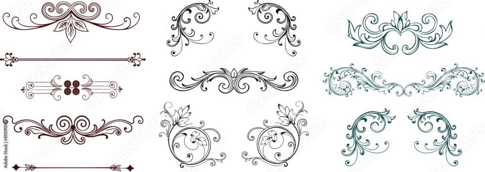 Decorative swirls dividers. Calligraphic Victorian art vector set
