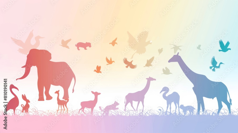 A colorful poster of animals in a field with birds flying in the background A colorful poster of animals in a field with birds flying in the background