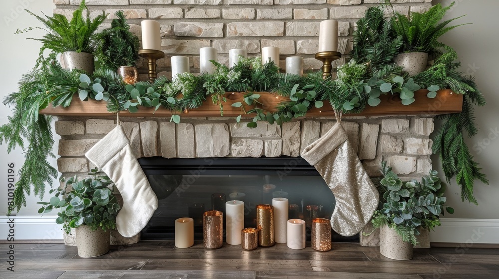 Create a modern holiday mantel display with metallic candle holders, sleek white stockings, and minimalist greenery garlands. Create a modern holiday mantel display with metallic candle holders, sleek white stockings, and minimalist greenery garlands.