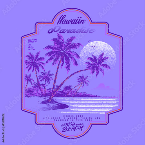 Hawaiian Paradise retro vintage summer vector graphic, its a women, girl shirt beach print design, night mood with moon and waves in this artwork, use this print for t-shirt, sweatshirt, 