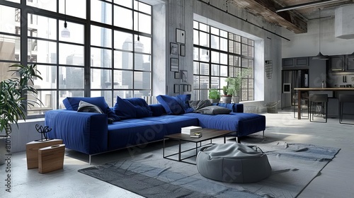 Sleek living room in industrial minimalist style, polished concrete floors, a cobalt blue sofa, and a gray rug Metalframed windows brighten the space photo