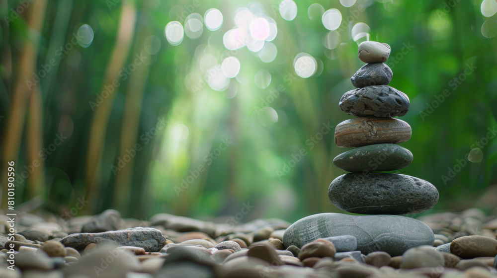 Obraz premium Zen stones perfectly balanced, set against the soothing backdrop of a bamboo grove. Wellness Month concept, balance, peace, and meditation.
