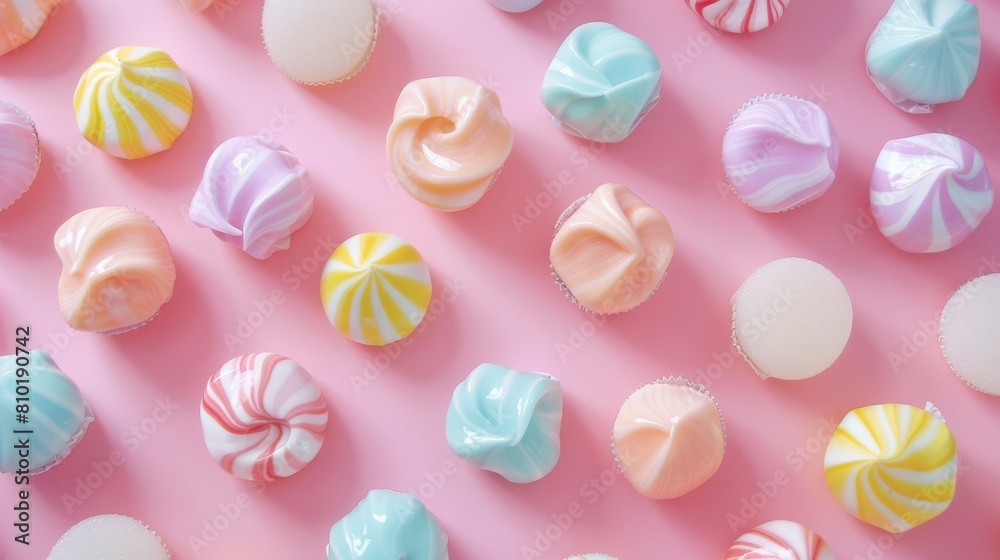 A bunch of colorful candies are arranged in a pattern on a pink background A bunch of colorful candies are arranged in a pattern on a pink background