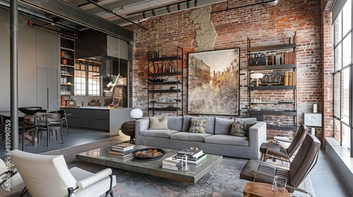 A spacious industrial minimalist living room featuring exposed brick walls and metal shelves with gray tones Abstract painting on the wall and a metallic coffee table add style