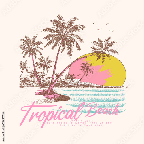 Women's High Summer or swim collection tops print artwork for vintage retro vibes, Tropical Beach slogan typography text, sunshine under the palm tree and bellow beach waves