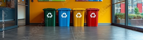 Set of four recycle bins in a brightly lit room with yellow walls and tiled floor. photo