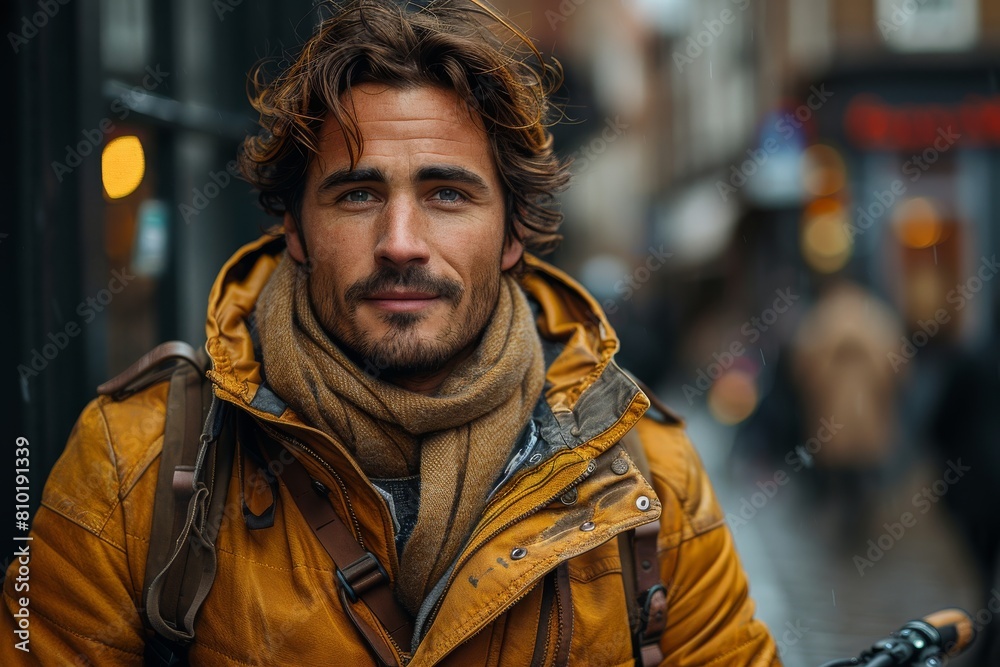 A charismatic man smiles gently at the camera, sporting a yellow jacket and scarf, amid an urban landscape A charismatic man smiles gently at the camera, sporting a yellow jacket and scarf, amid an urban landscape