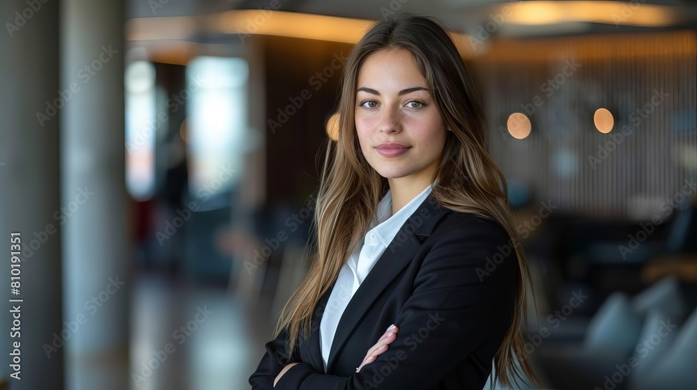 confident brunette businesswoman with long hair in professional attire corporate portrait confident brunette businesswoman with long hair in professional attire corporate portrait